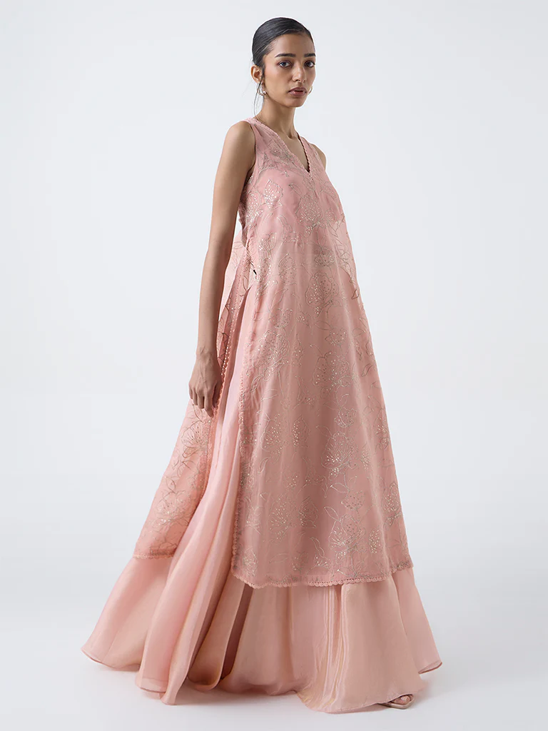 Vark Pink Floral Embroidered A-Line Kurta with Inner - Image 2