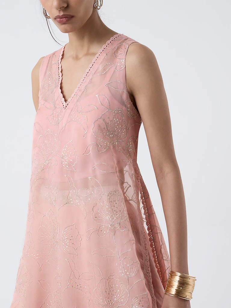 Vark Pink Floral Embroidered A-Line Kurta with Inner - Image 3