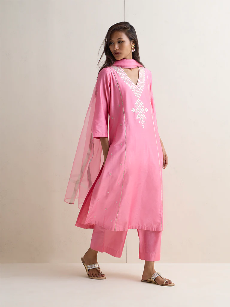 Vark Pink Mirror Work A-Line Ethnic Set - Image 2