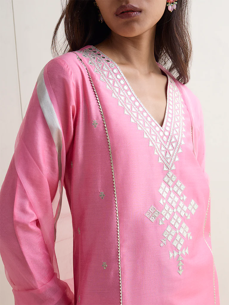 Vark Pink Mirror Work A-Line Ethnic Set - Image 3