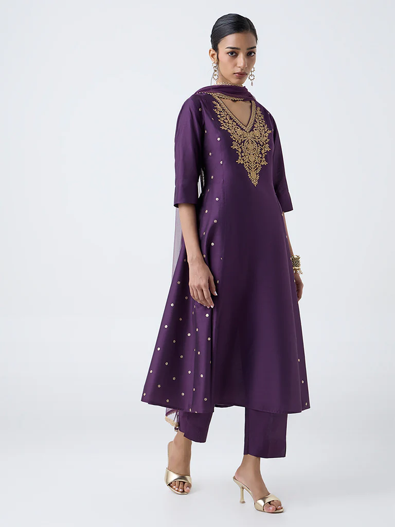 Vark Purple Embroidered A-Line Ethnic Set - Image 2
