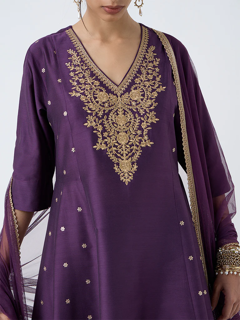 Vark Purple Embroidered A-Line Ethnic Set - Image 3
