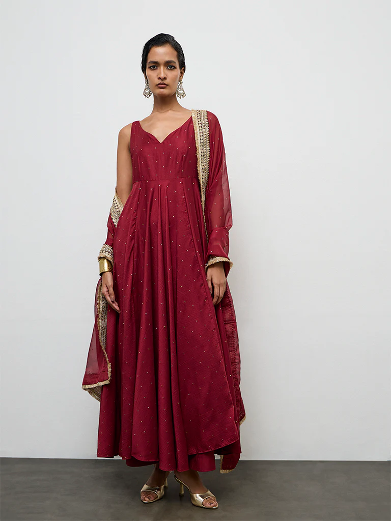 Vark Red Embellished Anarkali Ethnic Set