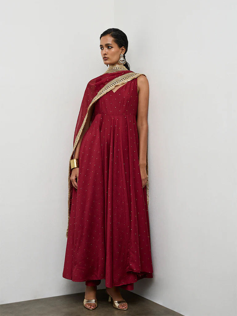 Vark Red Embellished Anarkali Ethnic Set - Image 2