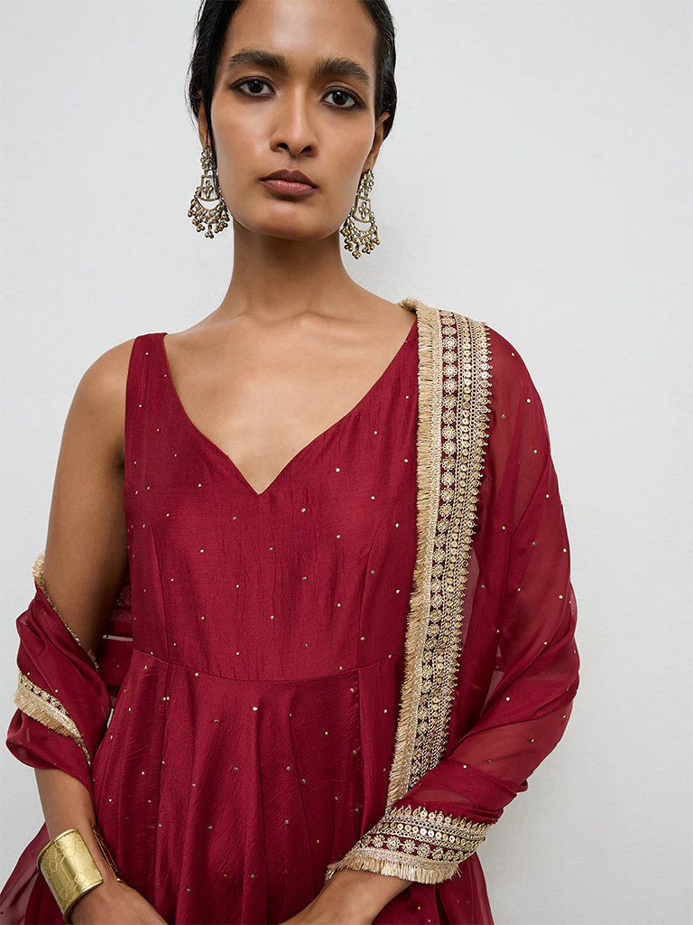 Vark Red Embellished Anarkali Ethnic Set - Image 3
