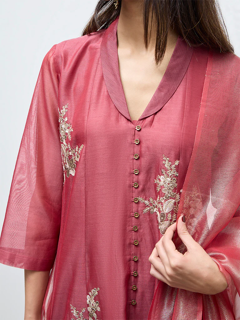Vark Red Floral Embroidered Anarkali Cotton-Blend Ethnic Set - Image 3