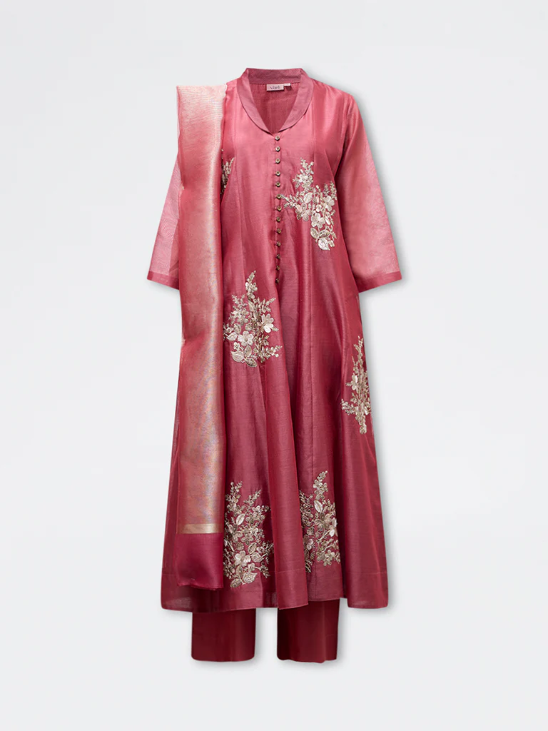 Vark Red Floral Embroidered Anarkali Cotton-Blend Ethnic Set - Image 5
