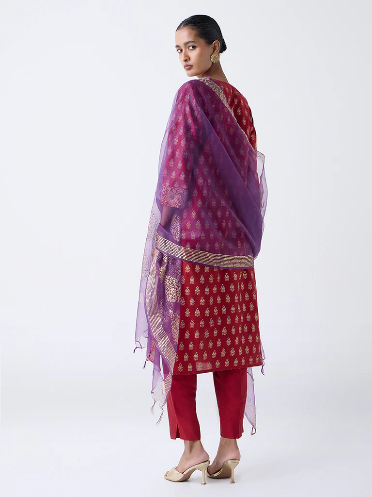 Vark Red Floral Embroidered Straight Ethnic Set - Image 4