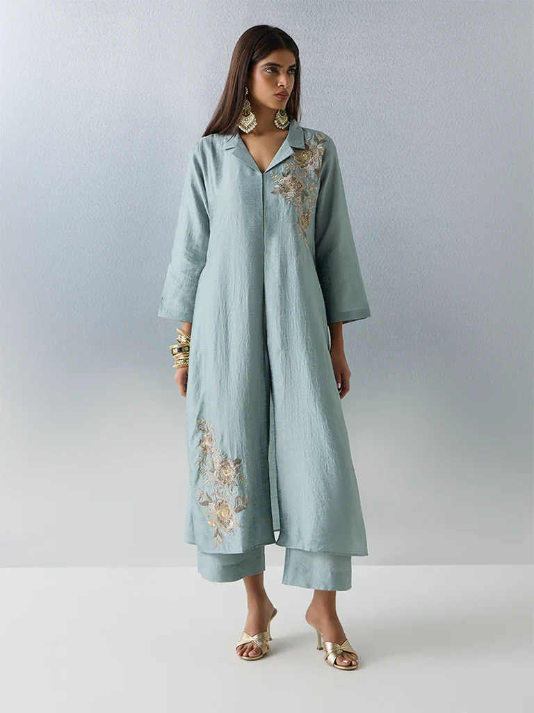 Vark Sea Green Floral Embroidered A-Line Ethnic Set - Image 2