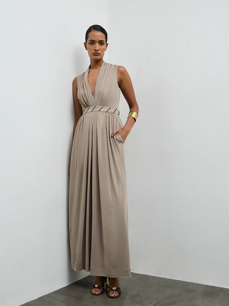 Vark Taupe Embellished Jumpsuit