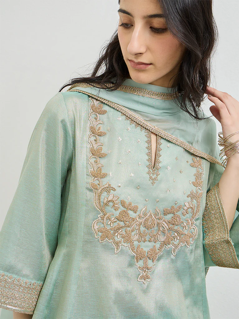 Vark Teal Embroidered Cotton-Blend A-Line Ethnic Set - Image 3