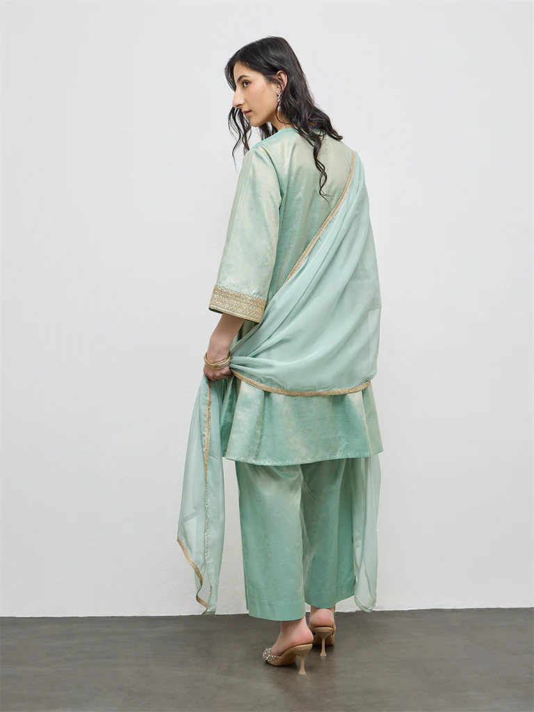 Vark Teal Embroidered Cotton-Blend A-Line Ethnic Set - Image 4
