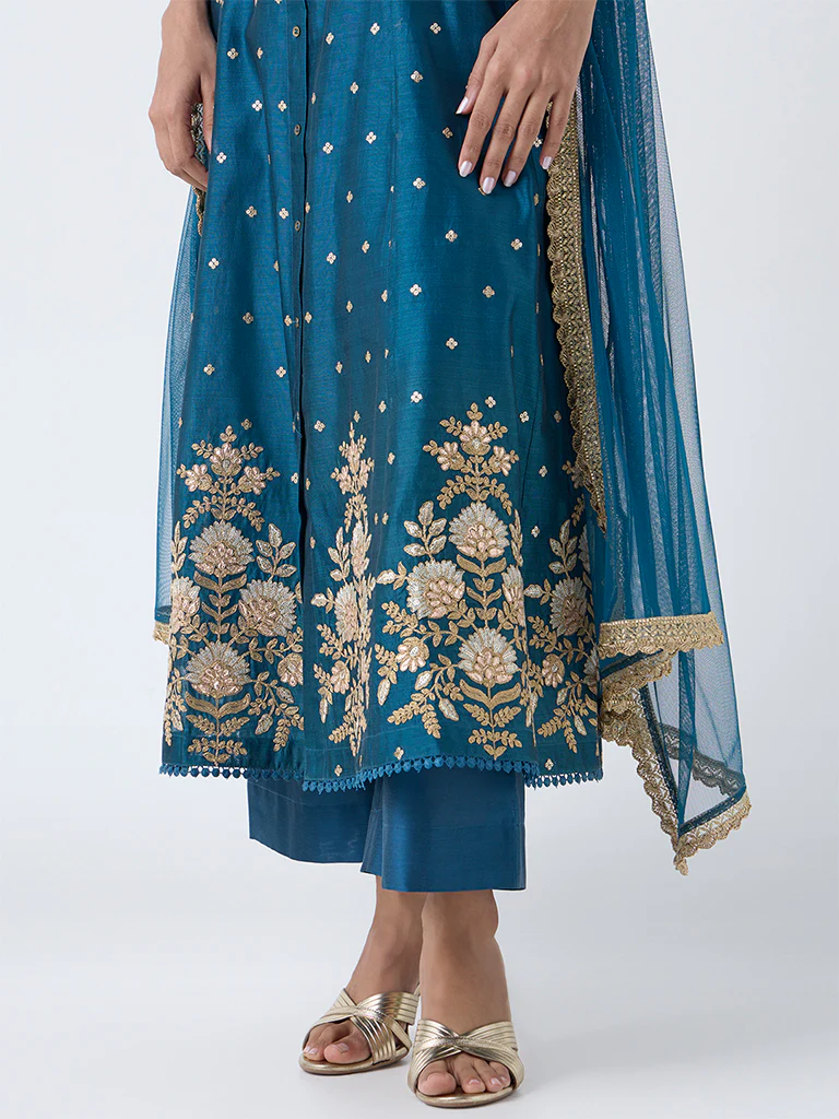 Vark Teal Embroidered Cotton-Blend Anarkali Ethnic Set - Image 3