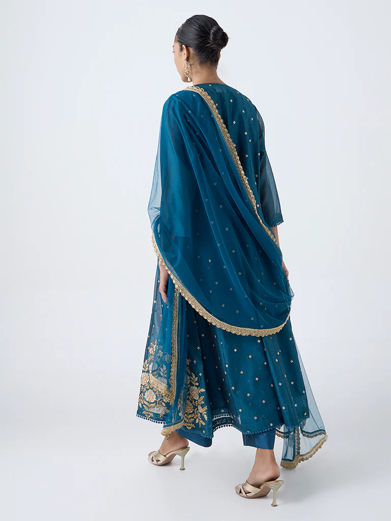 Vark Teal Embroidered Cotton-Blend Anarkali Ethnic Set - Image 4