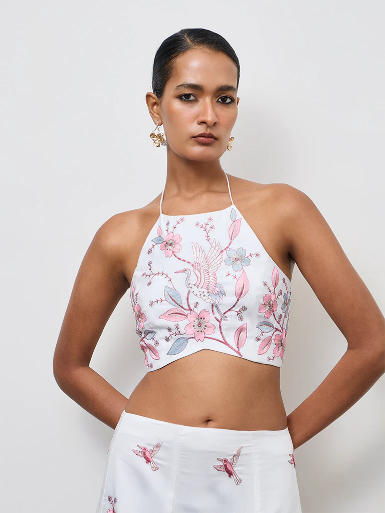 Vark White Floral Embroidered Blouse