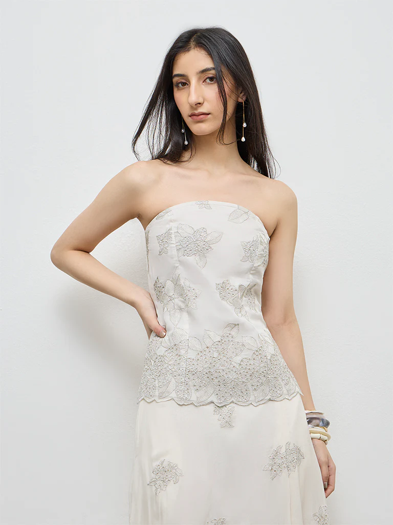 Vark White Floral Embroidered Tube Top - Image 2