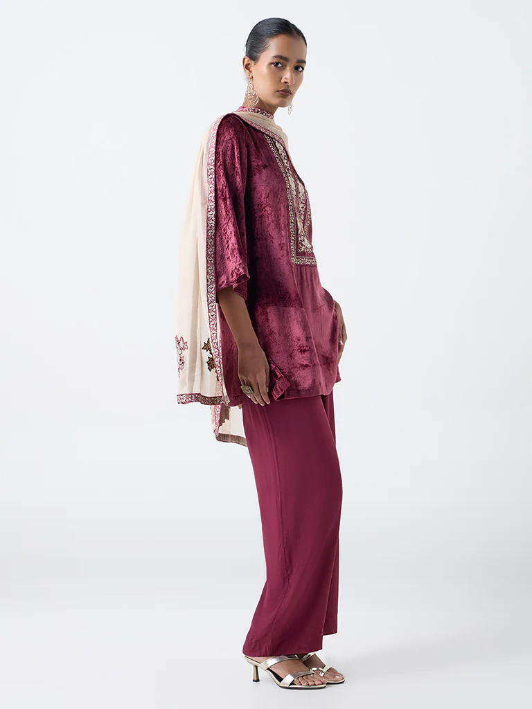 Vark Wine Floral Embroidered Velvet Straight Ethnic Set - Image 3