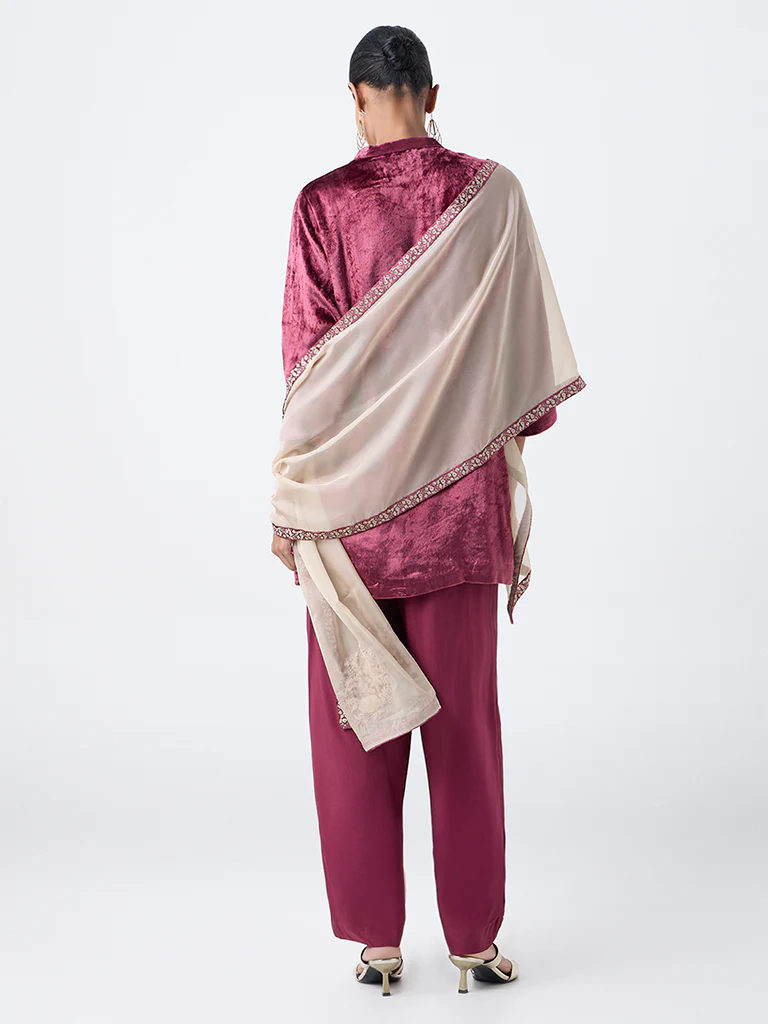 Vark Wine Floral Embroidered Velvet Straight Ethnic Set - Image 5