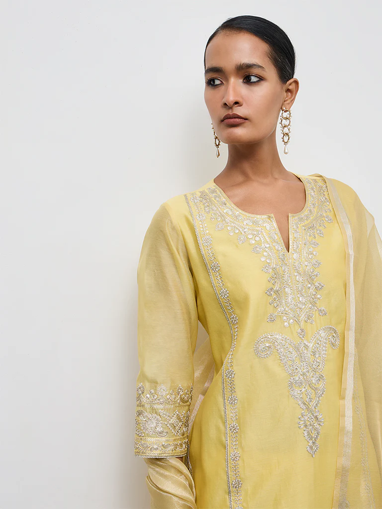 Vark Yellow Embroidered Cotton-Blend A-Line Ethnic Set - Image 3
