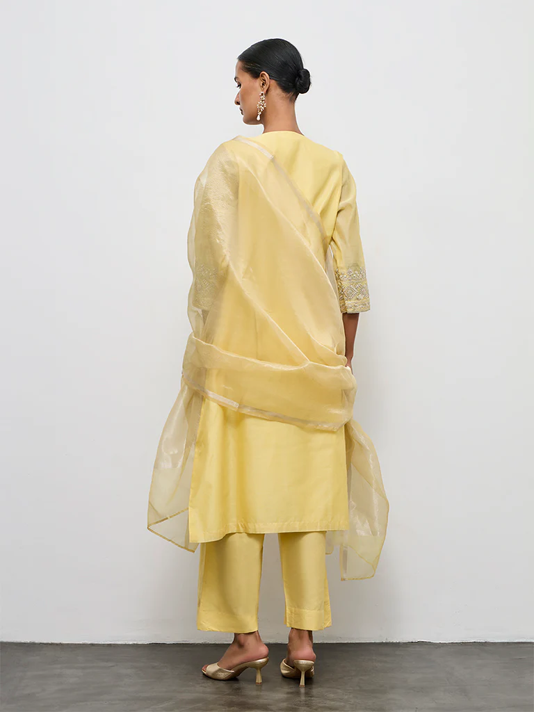Vark Yellow Embroidered Cotton-Blend A-Line Ethnic Set - Image 4