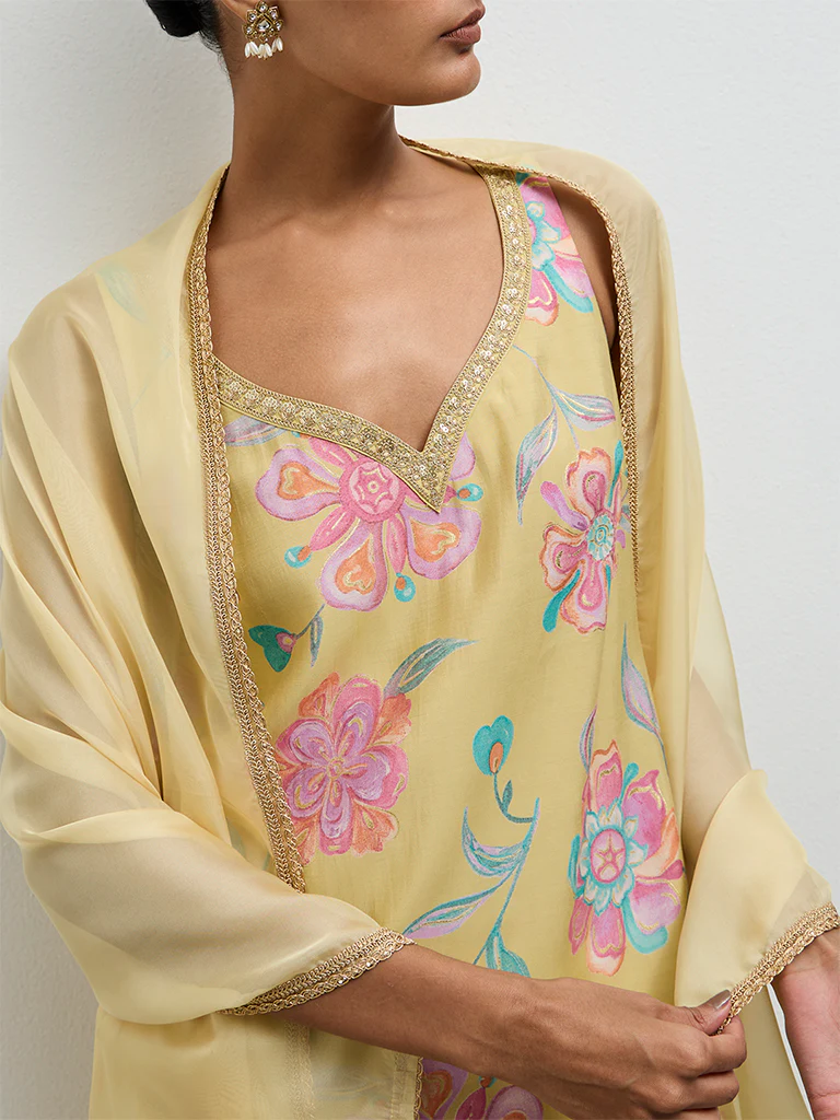 Vark Yellow Floral Printed A-Line Ethnic Set - Image 3