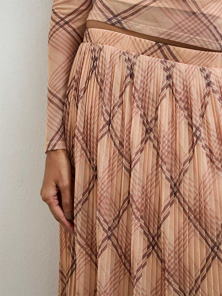 Wardrobe Beige Checkered Accordion Pleated High-Rise Skirt - Image 3