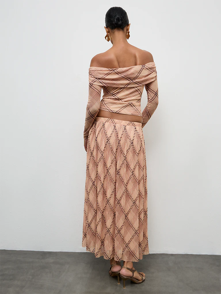 Wardrobe Beige Checkered Accordion Pleated High-Rise Skirt - Image 4