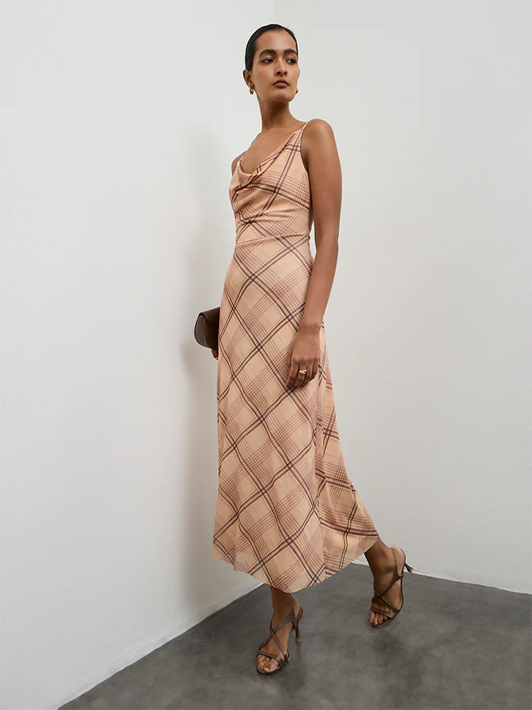 Wardrobe Beige Checks Design A Line Dress - Image 2