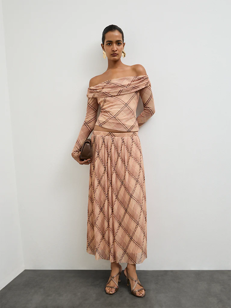 Wardrobe Beige Checks Pattern Off-Shoulder Top - Image 2