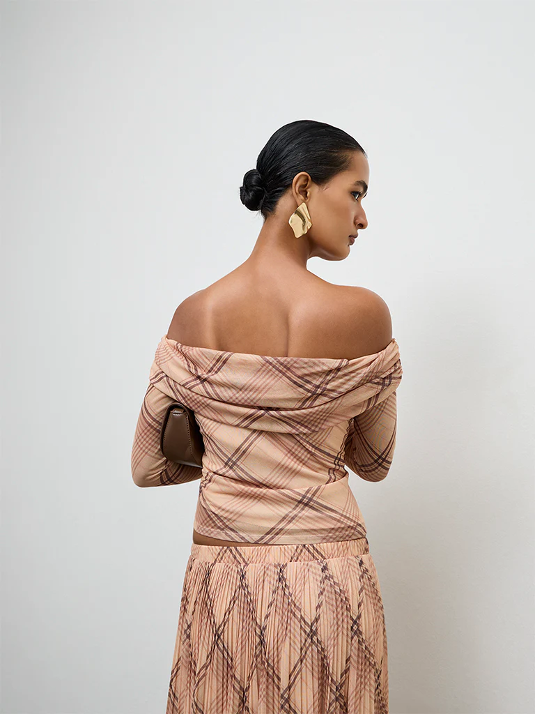 Wardrobe Beige Checks Pattern Off-Shoulder Top - Image 4