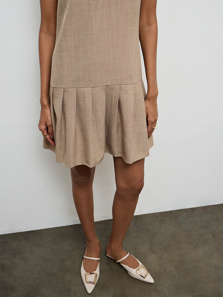 Wardrobe Beige Pleated Drop-Waist Dress - Image 3