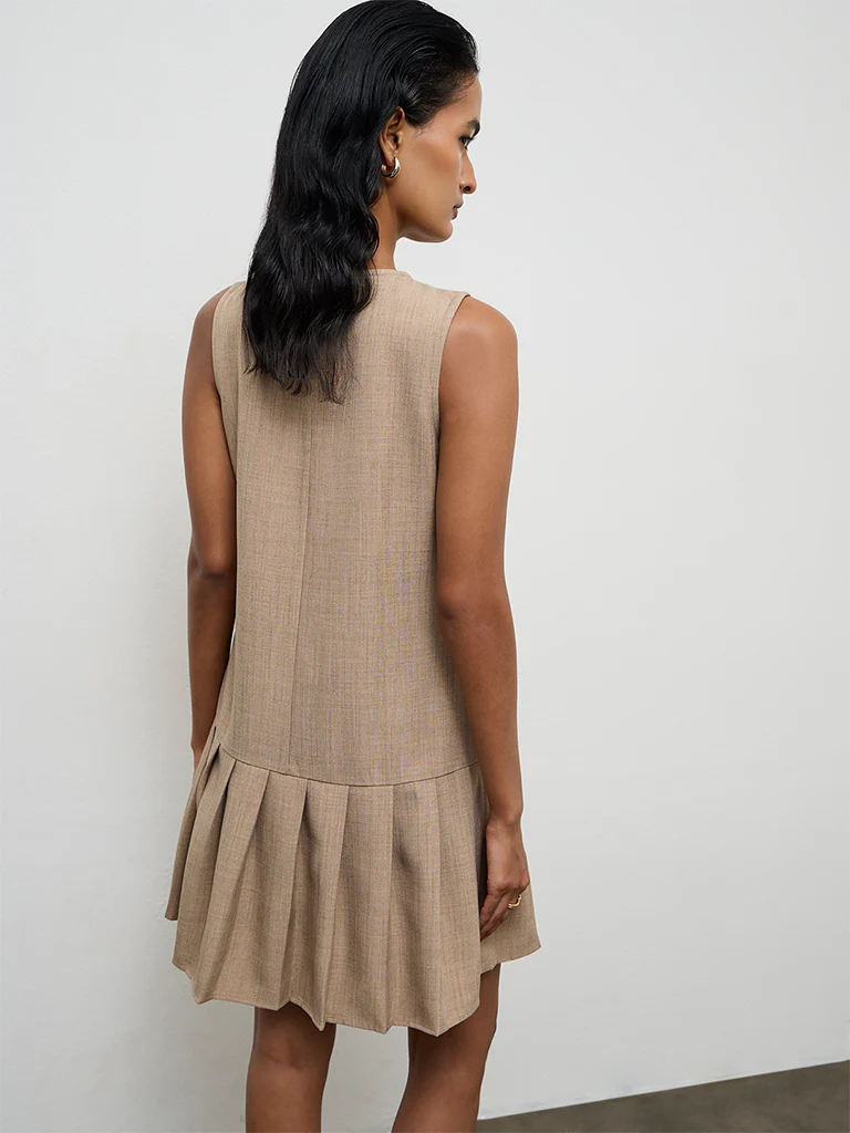 Wardrobe Beige Pleated Drop-Waist Dress - Image 4