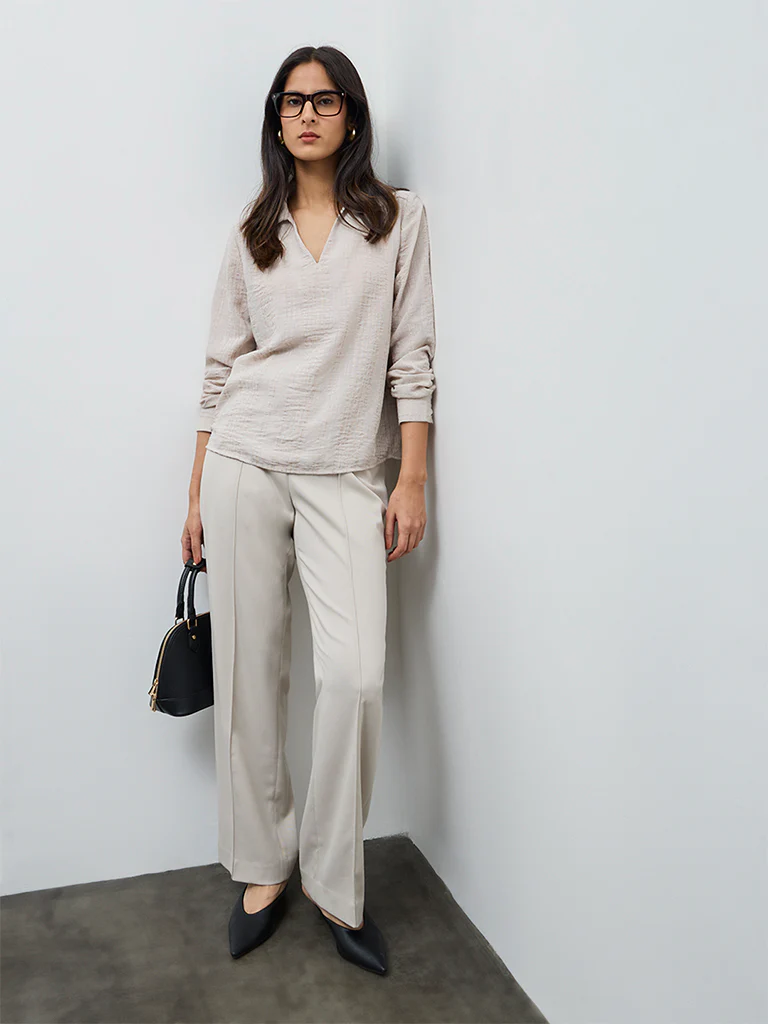 Wardrobe Beige Self-Striped Blouse - Image 2