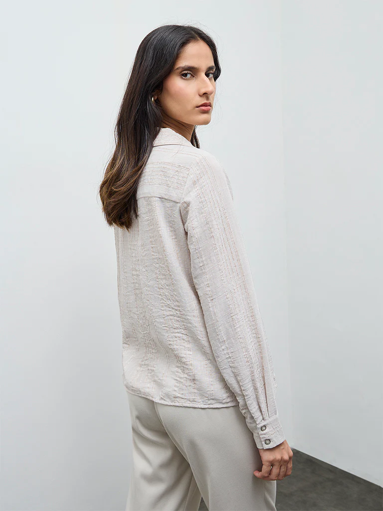 Wardrobe Beige Self-Striped Blouse - Image 4