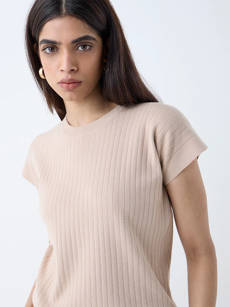 Wardrobe Beige Self-Striped T-Shirt - Image 3