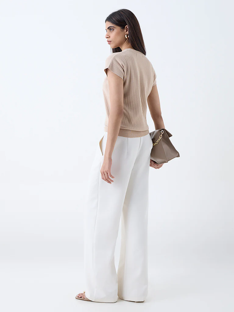 Wardrobe Beige Self-Striped T-Shirt - Image 4