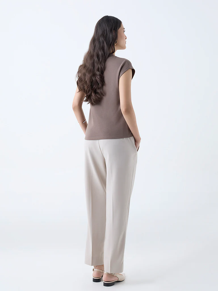 Wardrobe Beige Solid High-Rise Trousers - Image 4