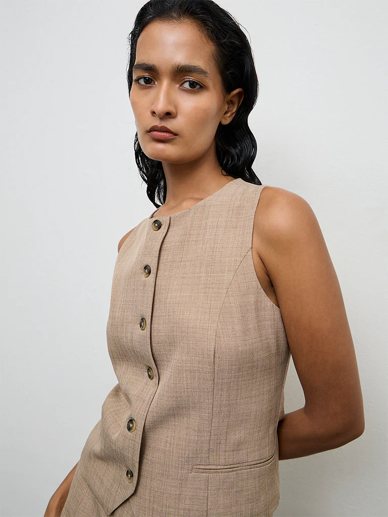 Wardrobe Beige Solid Waistcoat - Image 3