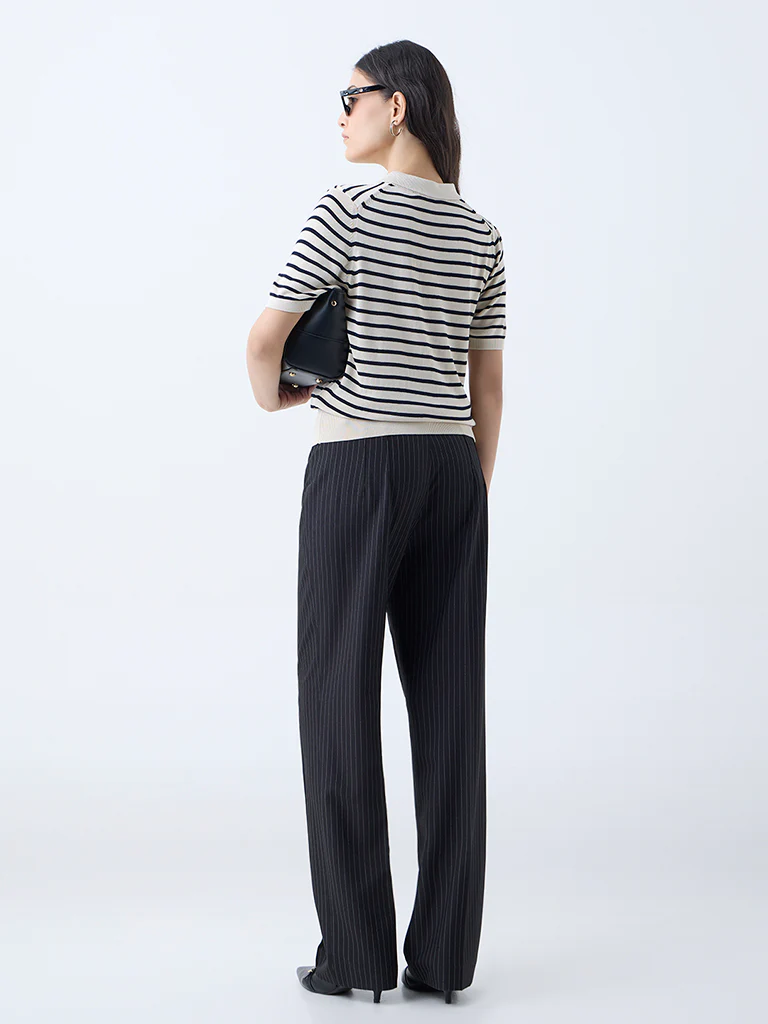 Wardrobe Beige Stripe Knitted Polo T-Shirt - Image 4