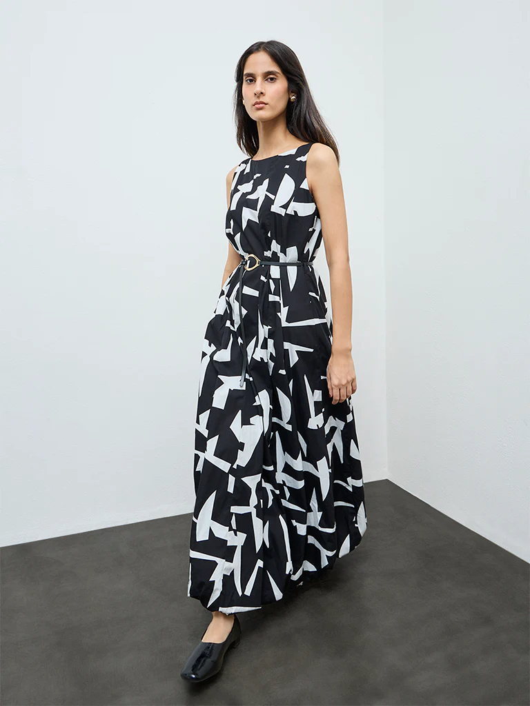 Wardrobe Black Abstract Cotton A-Line Dress with Belt
