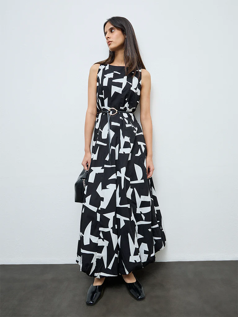 Wardrobe Black Abstract Cotton A-Line Dress with Belt - Image 2
