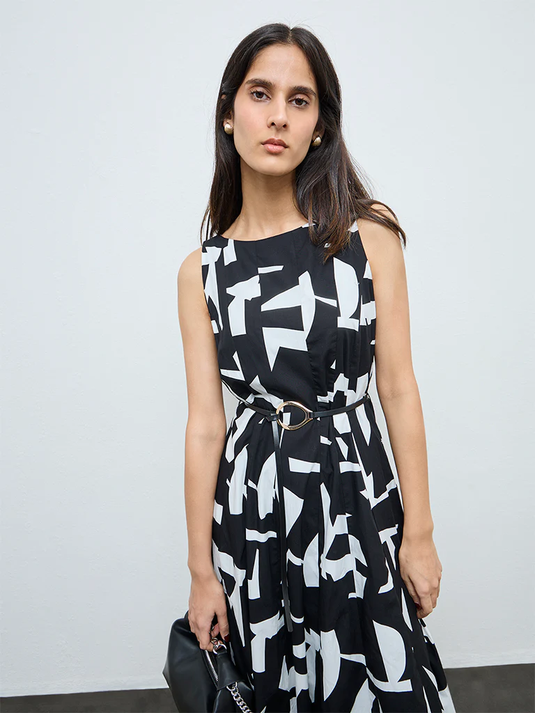 Wardrobe Black Abstract Cotton A-Line Dress with Belt - Image 3