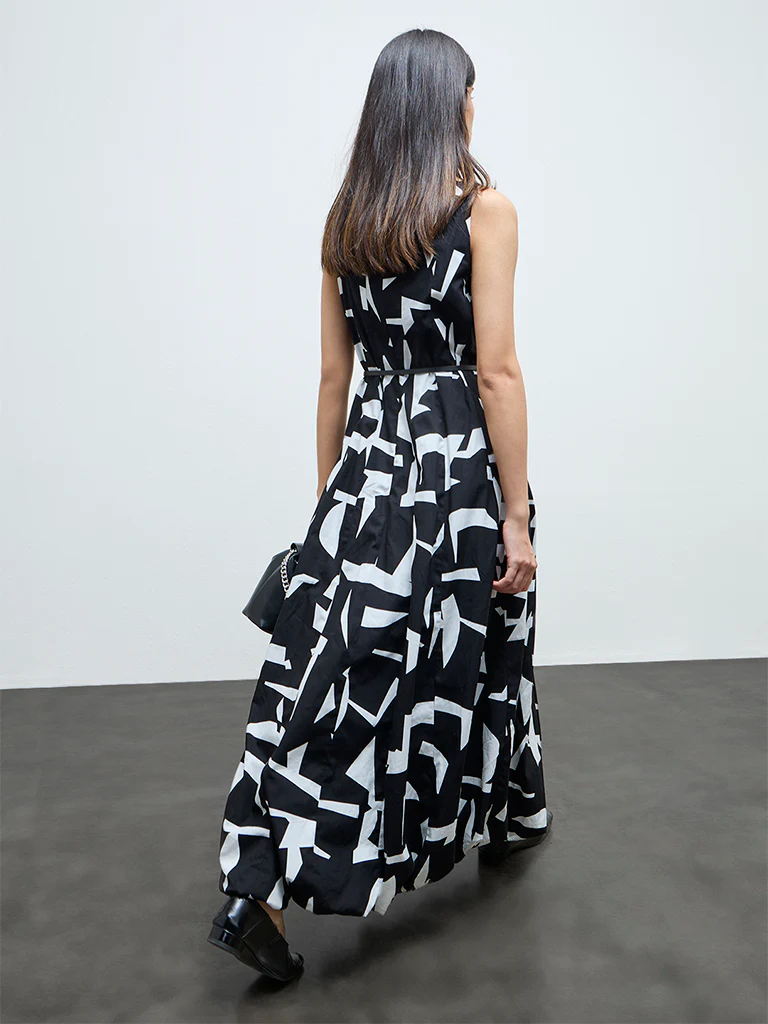 Wardrobe Black Abstract Cotton A-Line Dress with Belt - Image 4