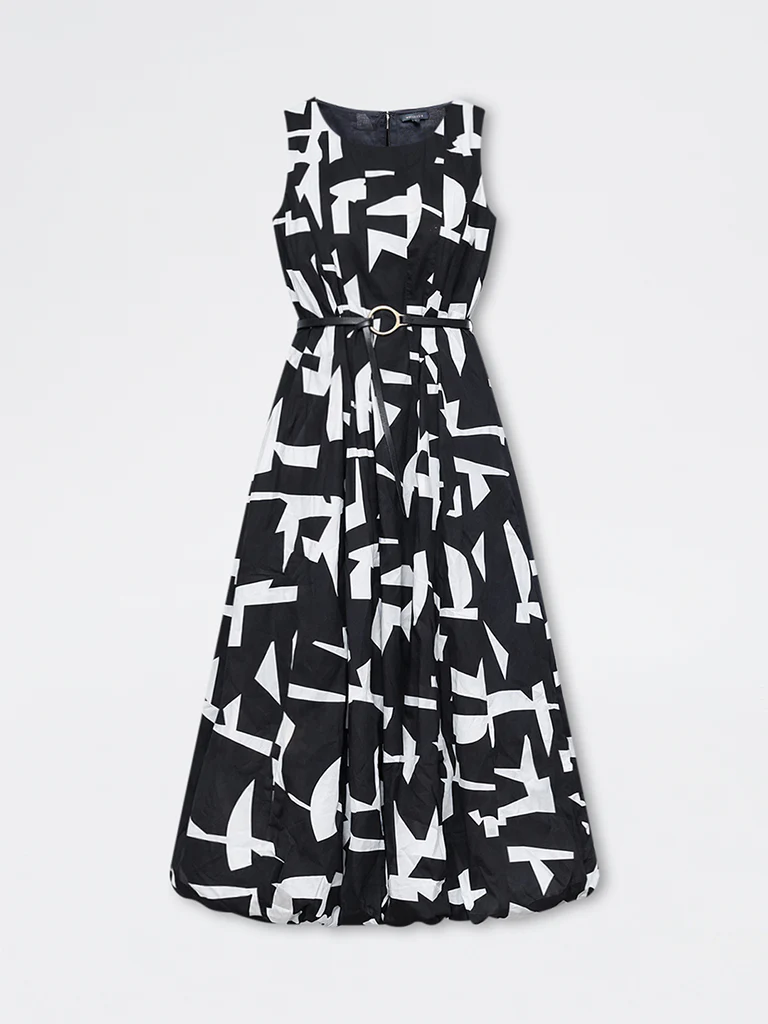 Wardrobe Black Abstract Cotton A-Line Dress with Belt - Image 5