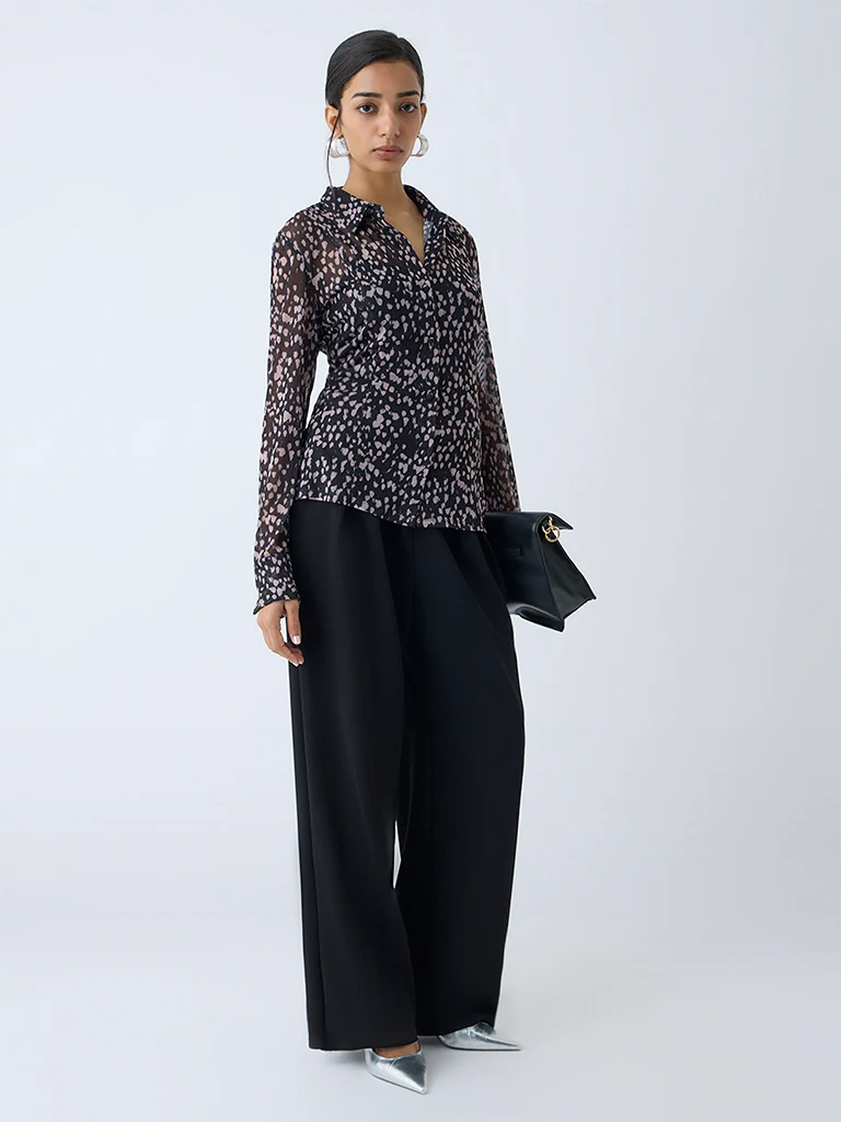 Wardrobe Black Abstract Printed Mesh Shirt with Inner - Image 2