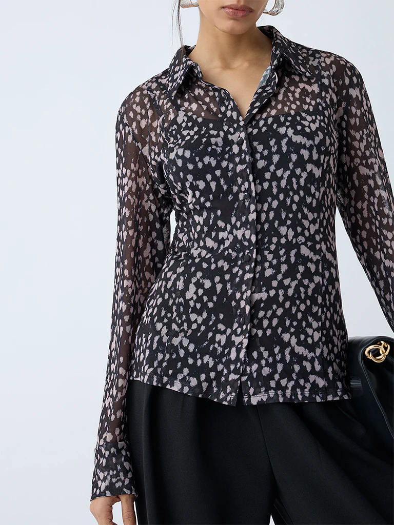 Wardrobe Black Abstract Printed Mesh Shirt with Inner - Image 3