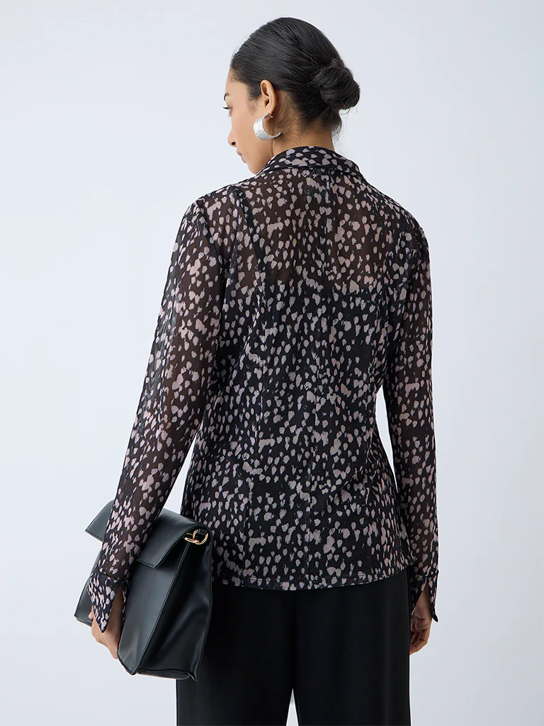 Wardrobe Black Abstract Printed Mesh Shirt with Inner - Image 4