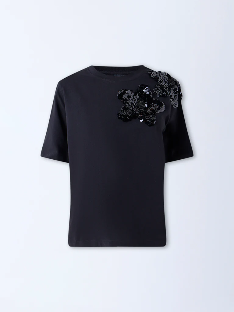 Wardrobe Black Embellished Cotton-Blend T-Shirt - Image 5