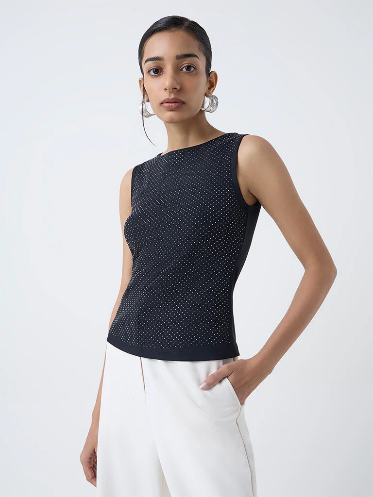 Wardrobe Black Embellished Cotton-Blend Top