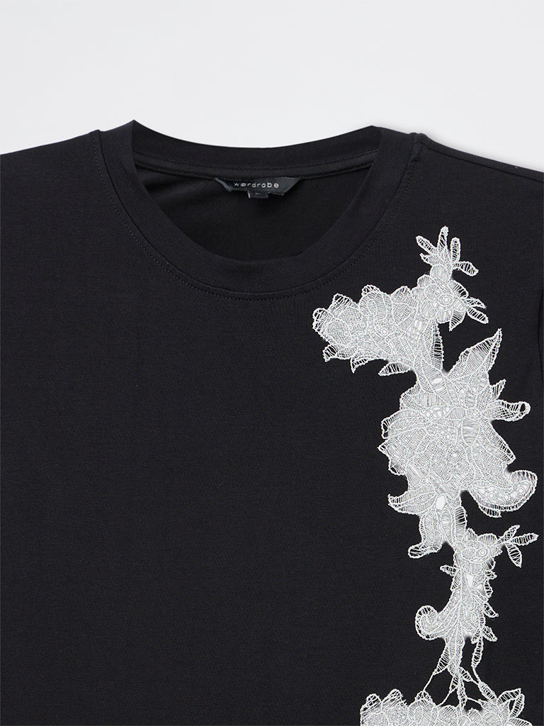 Wardrobe Black Embroidered Cotton-Blend T-Shirt - Image 7